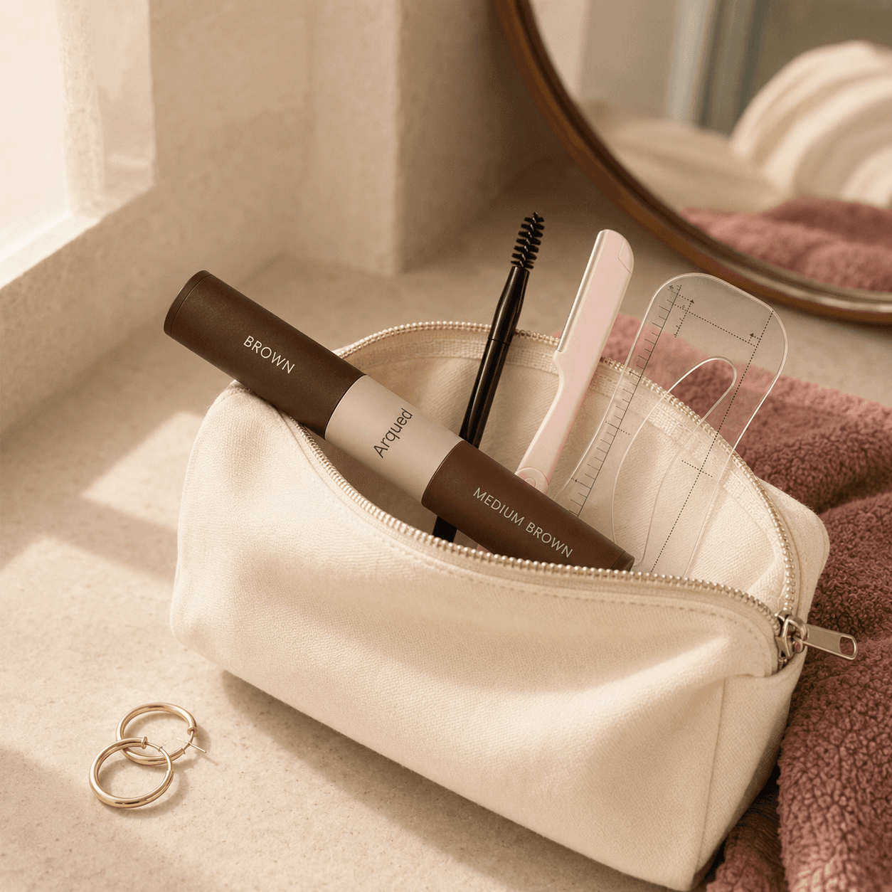 De Arqued-kit in een toilettas, klaar voor onderweg